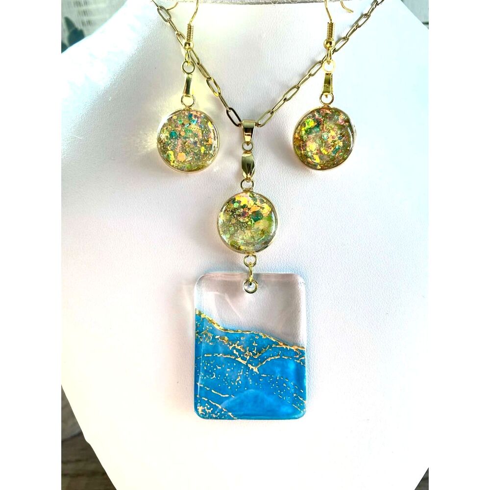 Blue Gold Resin Necklace Set Square Pendant Glitter Cabochon Earrings - Handmade